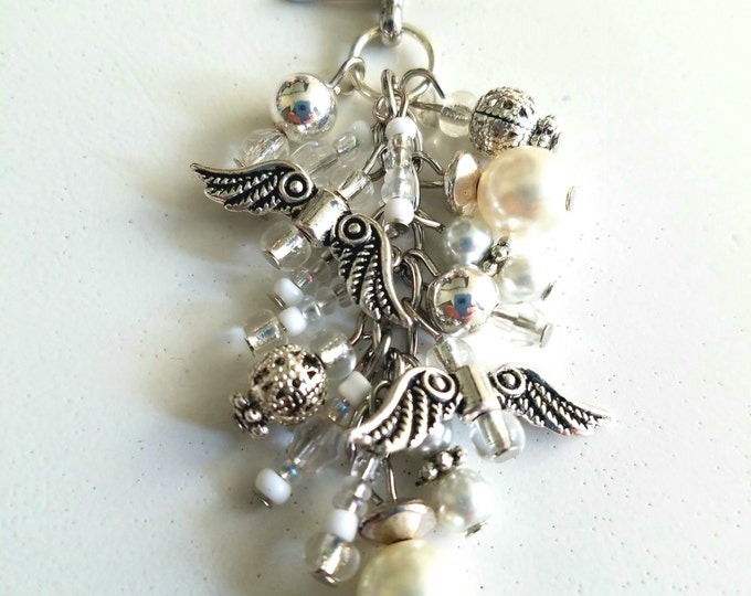 Interchangeable White Clear Silver Beaded Angel Wing Toggle Necklace