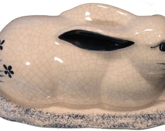 Rabbit Shaped Covered Butter Dish In The Historically Famous Dedham Pottery Tradition By The Potting Shed In Saxonville, Mass.