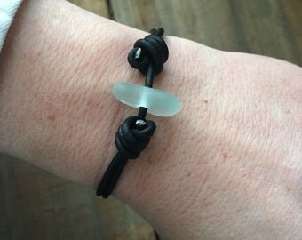 Light Blue Sea Glass Leather Bracelet - Seaglass Layering Bracelet, Real Sea Glass Jewelry, Sea Glass Bracelet, Beach Glass Bracelet