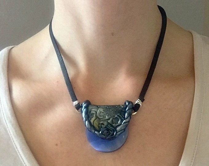 Blue Glass Western Leather Tooled Hand Sculpted Pendant on Black Deer Skin Leather Choker with Labradorite Charm on Silver Rose