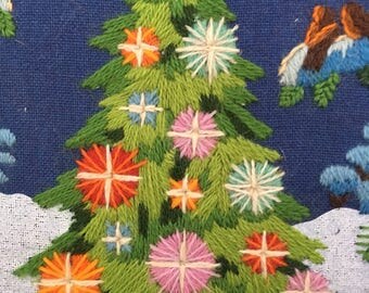 Vintage Christmas needlepoint forest animals tree star