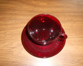 Vintage Red Glass Cup and Saucer