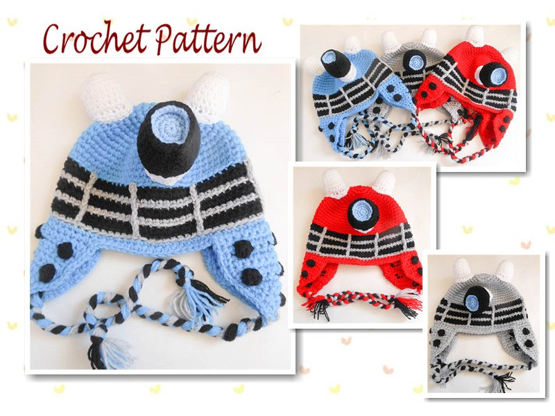Crochet Pattern Robot Dalek Inspired Hat earflap beanie dr who