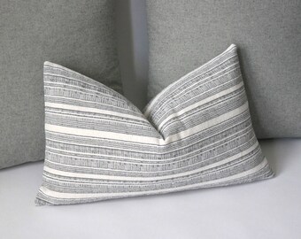 One Woven Hemp Style Grey and Cream, Beige, or Navy Hmong Bohemian Stripe Zippered Pillow cover Grey 20x20 Woven Throw Pillow Cover -1925