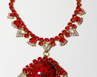 Husar D Czech Glass Red and Clear Rhinestone Pendant Necklace