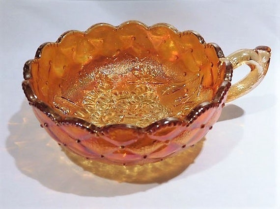 Antique Imperial Glass Pansy Nappy Marigold Rubigold Carnival Glass Diamond Quilt 1910s Edwardian Art Glass Handled Bon Bon Bowl Home Decor