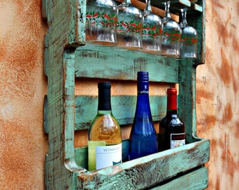 Rustic Wood Wine Rack, Distressed Turquoise, Pallet Wine Rack,Wine Storage 5 glass holder, Hang or Stand Up, Aged Pallet Lumber, Unique