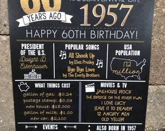 PRINTED 60th birthday board, Back in 1957, What Happened in 1957, 60th Birthday Decorations, Black and Gold, 60th Party Decor. Vintage 1957