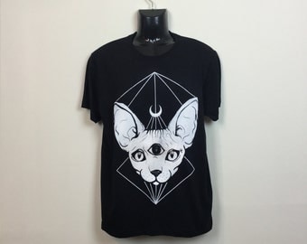 Alternative Crescent Moon Sphynx Cat T-shirt Hipster Indie Swag Dope Hype Black White Mens Womens Cute Festival Halloween