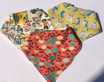 Baby Bandana bibs set-Organic Baby gift-Spring Bib for girl-Drool Bib-teething Bib-Shower gift-Flower Bib-Owls print-Girl gift-Bib trio set