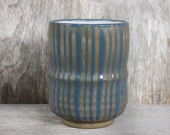 Japanese Pottery, Matcha, Chawan, Ceramic Cup, Yunomi, Tea Cup, Blue, Striped, Hand Painted, Terracotta Cup, Tea Ceremony, Made In Japan.
