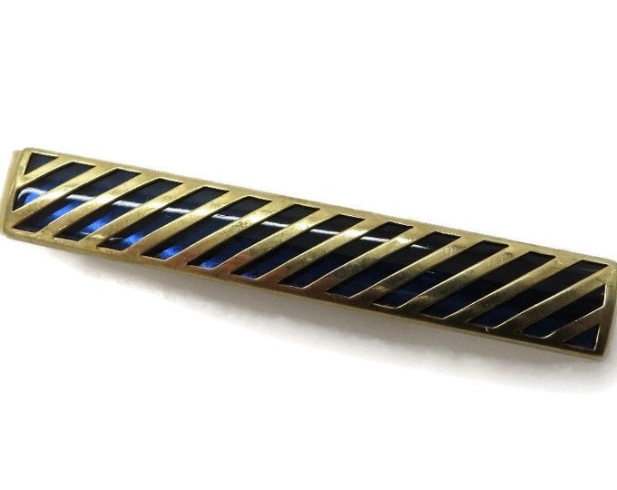 Swank Tie Clip, Vintage Tie Clasp, Striped Tie Bar, Blue and Gold Tie Clip, Men's Suit Accessory, Father's Day Gift