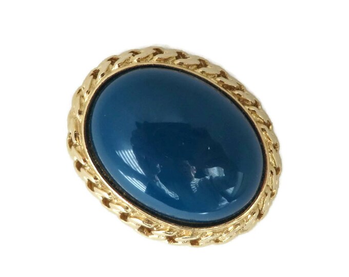 Trifari Gold Tone Pin Brooch Blue Cabochon 1980s Pin Designer Runway Estate Costume Vintage Signed