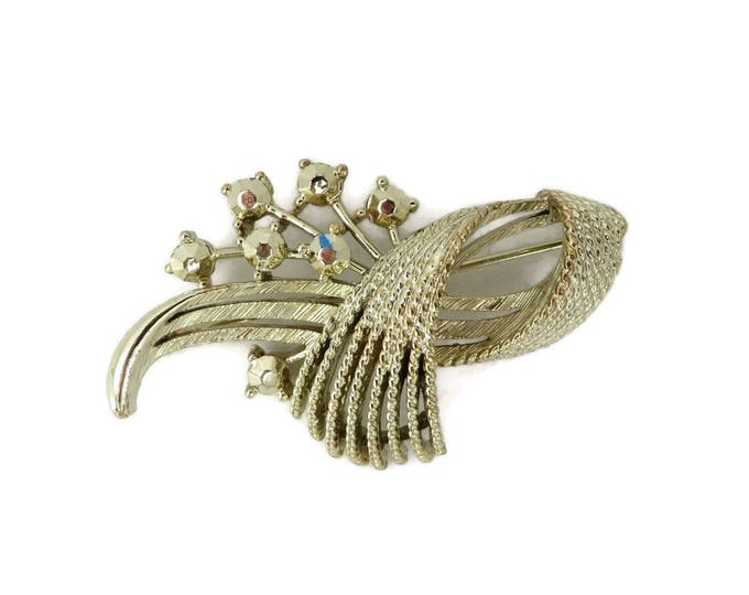 Lisner Brooch, Gold Tone Rhinestone Brooch, Vintage Flowering Leaf Pin, Gift for Her