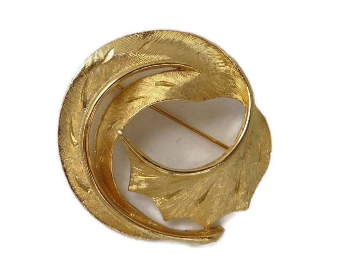 ON SALE! LG Gold Tone Swirl Brooch, Vintage Designer Signed Etched Pin Costume Jewelry Gift Idea