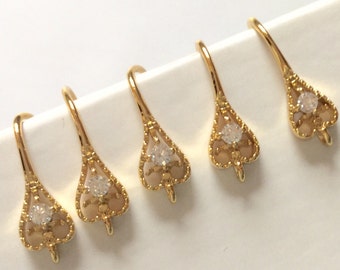Nickek free..4 pcs Real Gold Plated Zircon ear hooks,Gold plated Rhinestone Ear hooks,gold plated finding,gold rhinestone earring hook