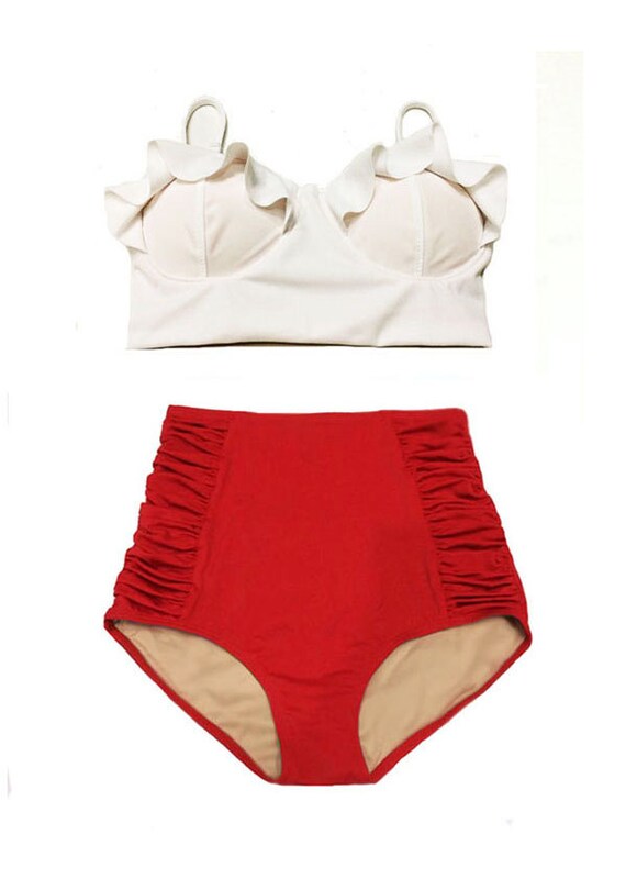 White Top and Red Ruched High Waist Waisted Woman Women Womens
