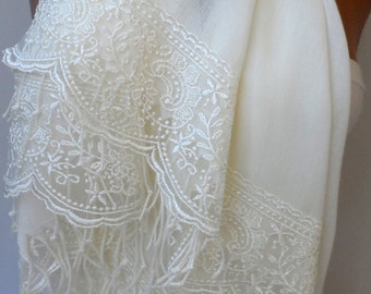 Wedding shawls Ivory Pashmina shawls Cream French Lace Dainty