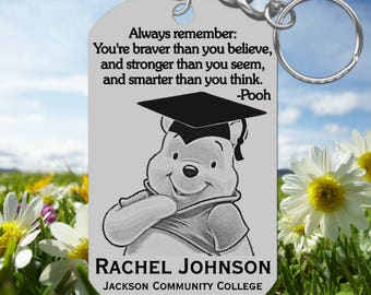 Winnie the Pooh Graduation Keychain Gift, Engraved and Personalized Free! Cute Pooh with Grad Cap