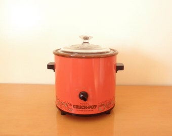70's Orange Red Crock Pot- Rival- 3.5 QT Slow Cooker, Electric, Stoneware Crock Pot with Glass Lid- Working!