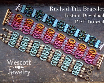 Pattern for Ruched Tila Bracelet Cuff with Two Hole Miyuki Tila Beads or Miyuki Half-Tila Beads or Czechmate Tiles and Seed Beads