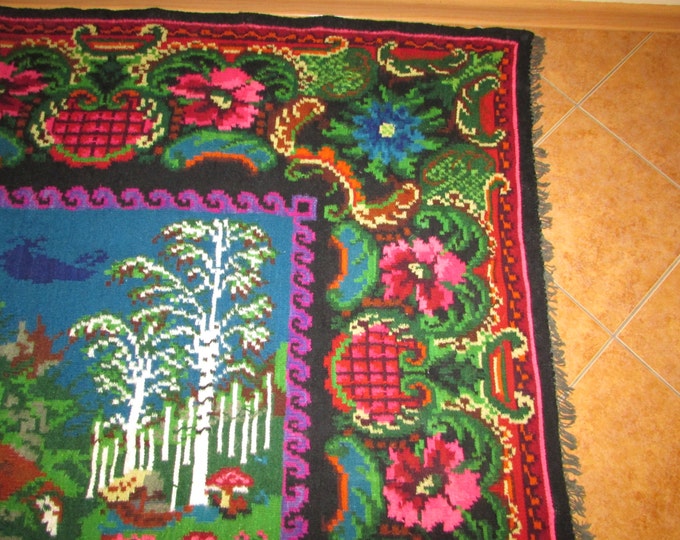 Vintage handwoven wool rug carpet. Moldova carpet- Floral kilim - Romania Kilim Bessarabian Kilim. Vintage Kilim, rose kilim rug.