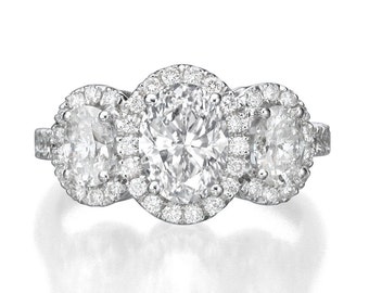 Oval Engagement Ring, 3 Stone Vintage Diamond Ring, 2.30 Carat Art Deco Engagement Ring, 3 Stone Halo Oval Ring Setting, 14K White Gold Ring