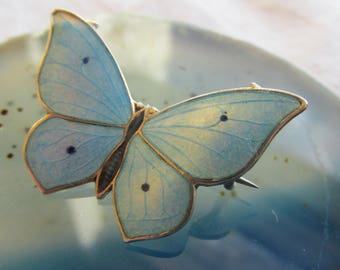 REDUCED VINTAGE STERLING 935 Blue Enamel Butterfly Brooch Marius Hammer Norway. Guilloche Enamel Silver Gilt.Esteemed Jewellery Maker. 1920