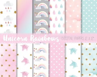 Watercolor unicorn paper, Einhorn paper, Unicorn digital paper, Pastel digital background, Unicorn scrapbooking, Rainbow unicorn paper