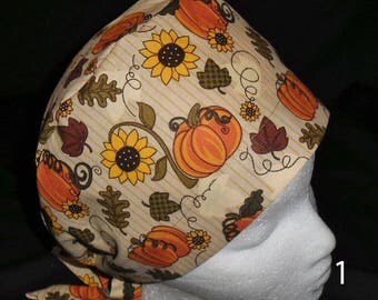 Etsy Seasonal Fall Ladies Surgical Scrubs Scrub Cap Pixie Hat Seasonal Bouffants Colorful Fall Foliage Big Leaves Pumpkins 5 Fabrics