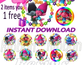 INSTANT DOWNLOAD- Trolls Digital Bottle Cap Images - 1" Bottle Cap Images 4x6- Buy 2 get 1 Free