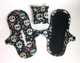 Light Day Panty Liner, Washable Cloth Pad, Leak Resistant PUL, Reusable Cloth Pantyliner in Sugar Skull Print, Light Incontinence Pad