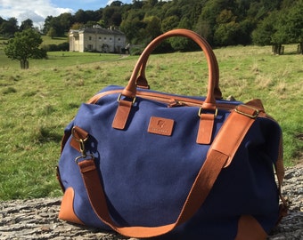 Grantham Blue Canvas and Leather Travel Bag by BURGHLEY BAGS
