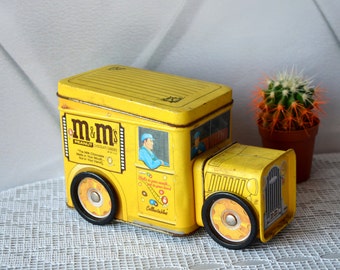 Vintage Tin Box truck M&Ms, collectible car box, storage btrinket box, Mid century storage, metal tin buss, Movable Wheel, Yellow car driver