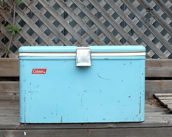 Original 1950s Coleman Picnic Camping Cooler, Ice Chest, Pastel blue - Vintage metal blue cooler - Coleman Ice Chest