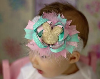 Girls OTT Easter Bunny Headband Hair Clip Aqua Mint Light Pink Polka Dots Feathers