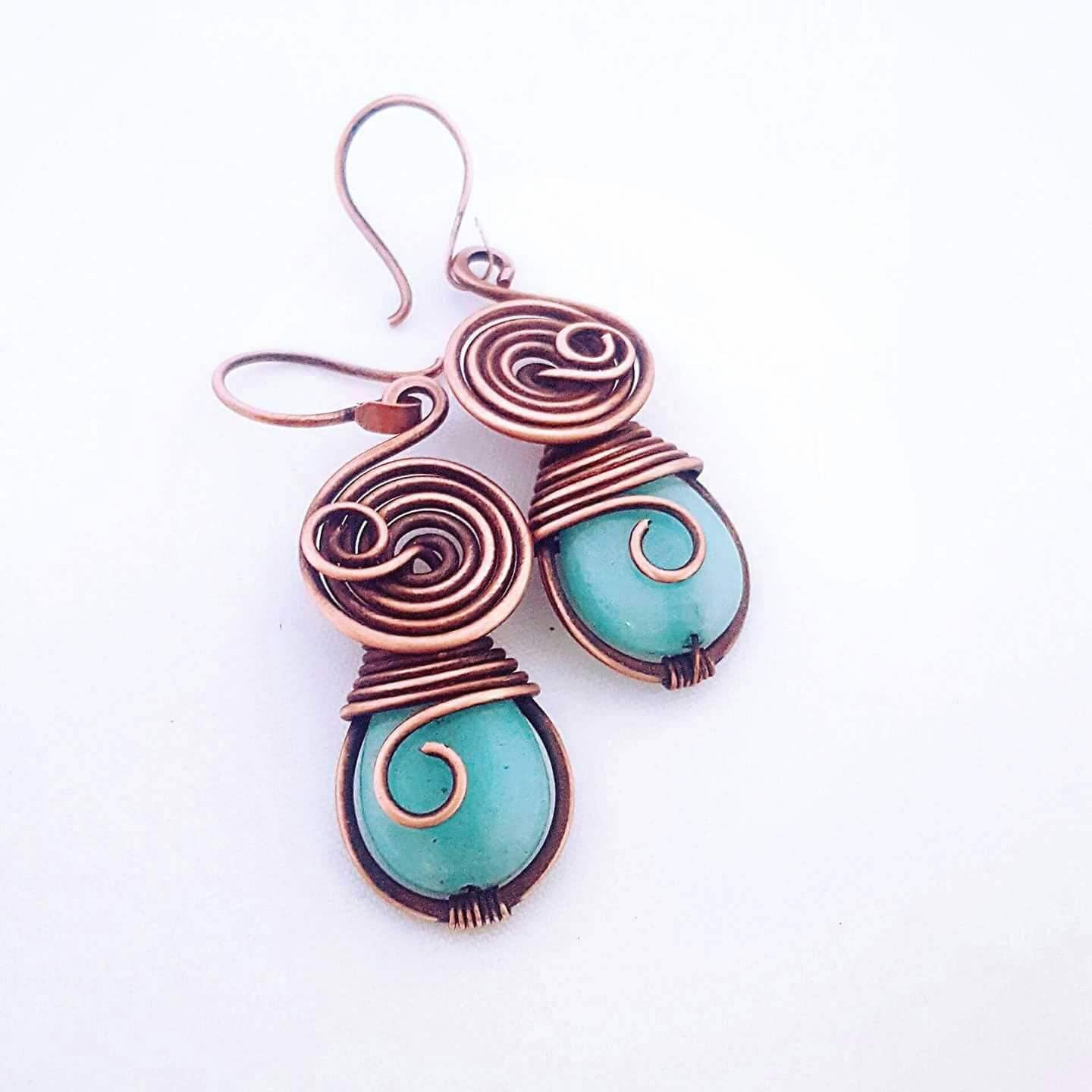 Blue jade earrings wire wrapped jewelry copper wire earrings
