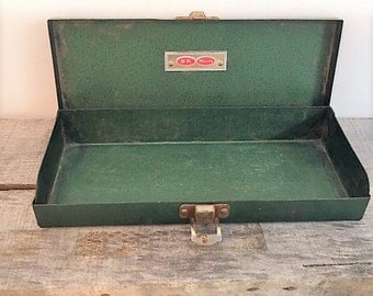 Vintage Tin Small Tool Box Industrial Rustic Green Metal Box SK Wayne Made in the USA
