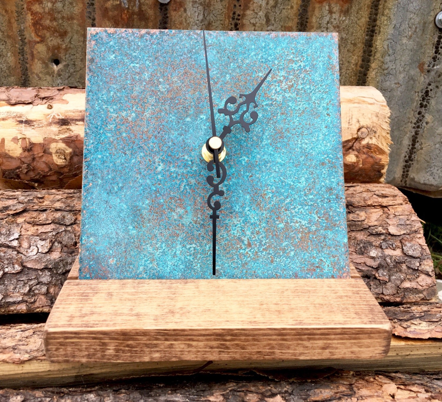 Copper Patina Wall or Standing Clock / Patina / Wooden Dock