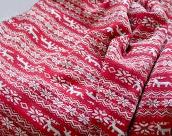 Brushed Sweater Knit Fabric Nordic Reindeer Red