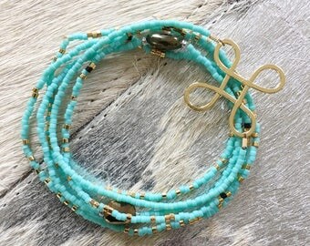 Infinity Bracelet // Love Knot Bracelet // Gold and Turquoise Bracelets // Layering Bracelets // Aqua Bracelets // Layering // Stacking