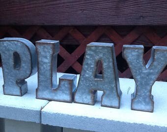 You Choose Letters / Set of 4 Industrial Metal Letters / You Pick Word / Galvanized Metal Letters/ PLAY Sign
