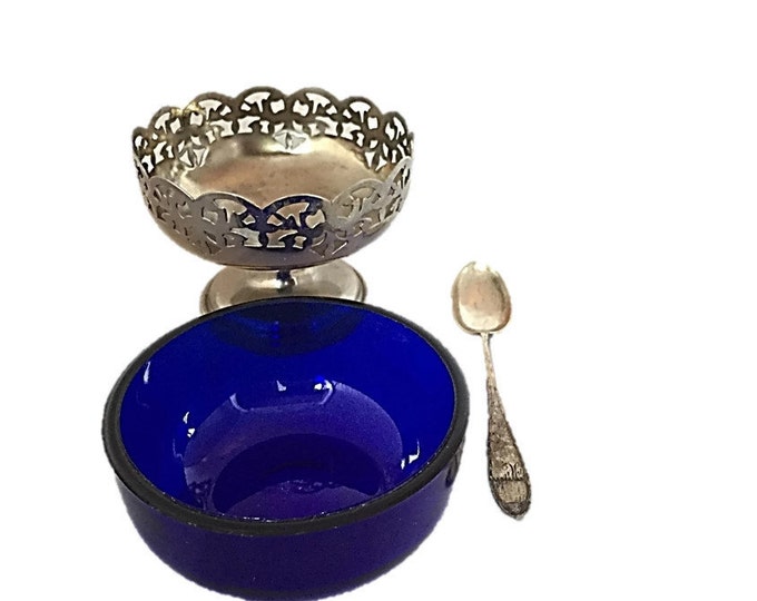 Vintage Silver Plate and Cobalt Glass Salt Cellar | English Silver and Norwegain C. Bergs 830S Spoon