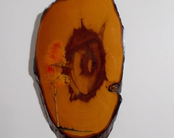Vintage Tree Slice Painted Plaque One Lone Birch Tree Autumn Leaves Fall Colors Rustic Bark