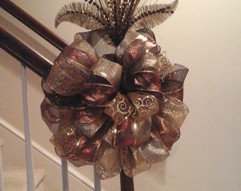 Christmas Tree Topper Bow, Shipping Included, Elegant Luxury Designer Bow, Gold Burgundy Christmas Ribbon