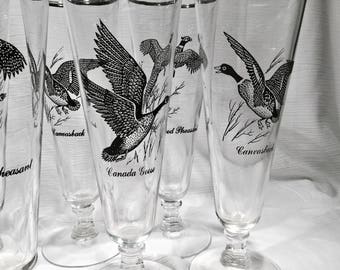 Set of 6 (six) Federal Glass "Sportsman" footed Pilsner Barware game birds in black platinum rims 1960's