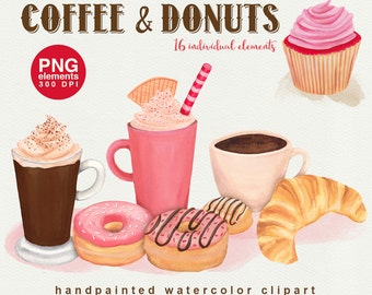 Coffee & Donuts Watercolor Clipart, bakery graphic set, watercolour cafe clipart