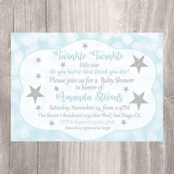 Printable Baby Shower Invitation, Twinkle Twinkle Little Star Baby Shower Invite, Blue and Silver Star Baby Shower Printable Invitation Il_570xn