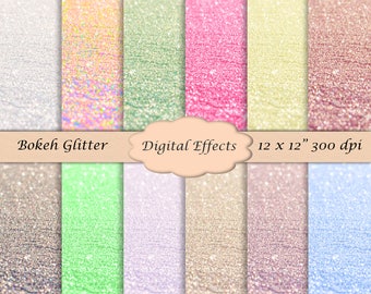 Bokeh Glitter Digital Paper Pack, Texture Digital Paper, 12x12" Scrapbook Paper, Pastel Digital Paper, Bokeh Overlay, Glitter Overlay,CU OK