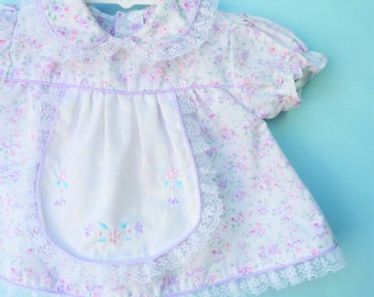 Vintage 1970's Lavender Floral Infant Dress w/ Little Apron 0-3 Months Baby/Reborn Doll